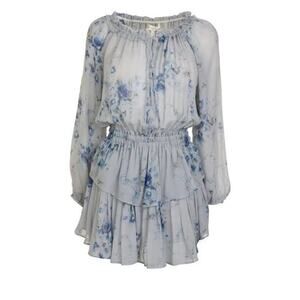 LoveShackFancy Silk Dress Celestia Blue Floral Popover Long Sleeve Ruffle